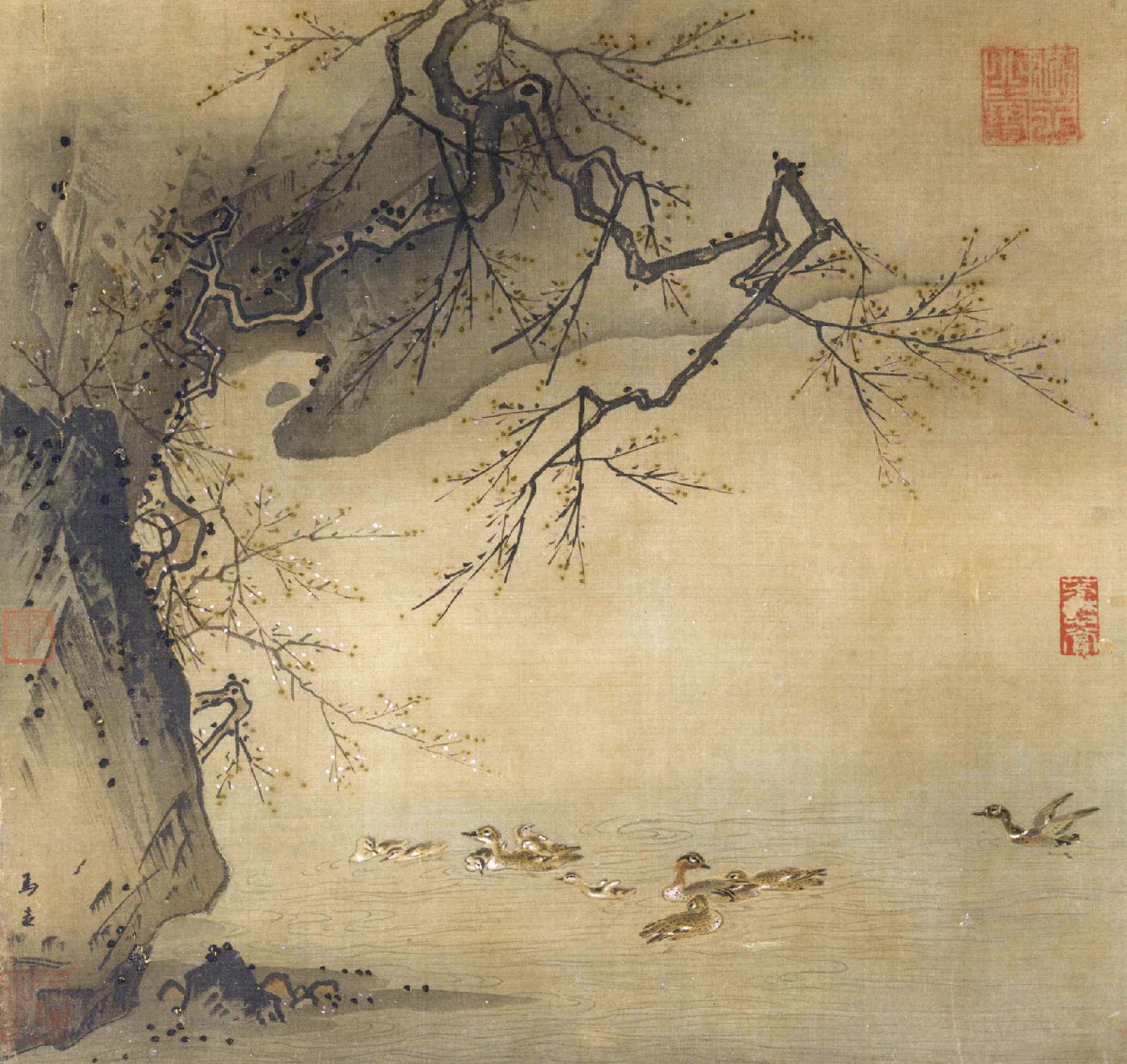 宋代画家马远《梅石溪凫图》