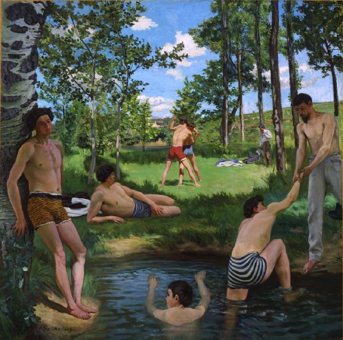 巴齐耶的夏日场景和Thomas Eakins的泳池