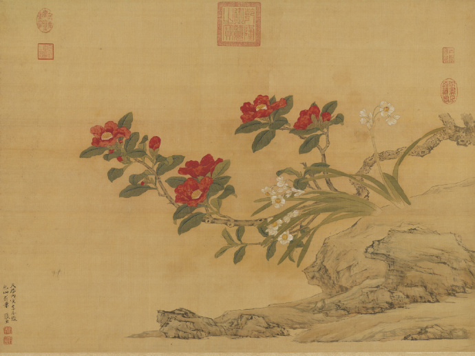 明 张宏《仿陆治茶花水仙图》