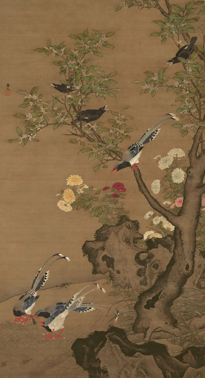  明 吕纪 桂菊山禽图