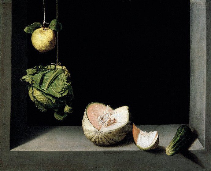 胡安·桑切斯·科坦《木梨、洋白菜、甜瓜和黄瓜的静物画》