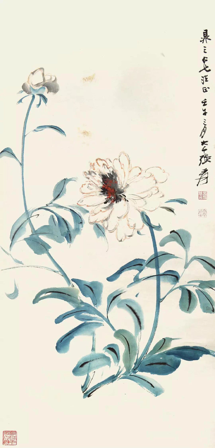 张大千笔下芍药，清嫩鲜活