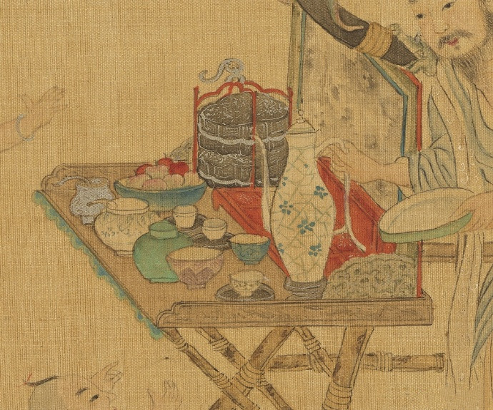 中国古画中茶水摊子，各种瓶罐杯盘，冰裂梅花的壶和莲花瓣的盏