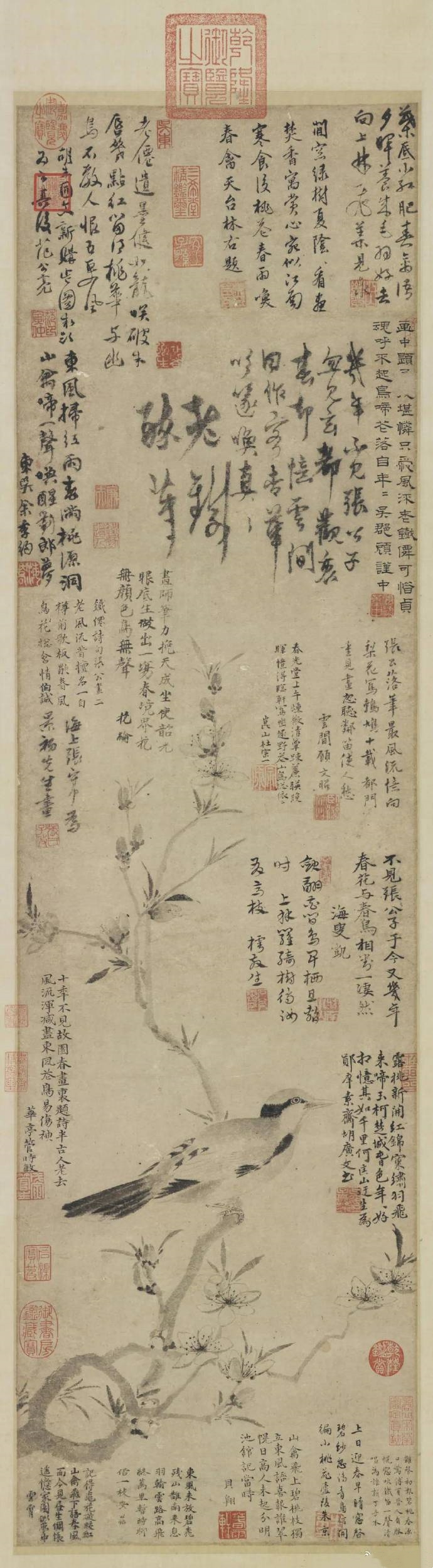 元.张中《桃花幽鸟》