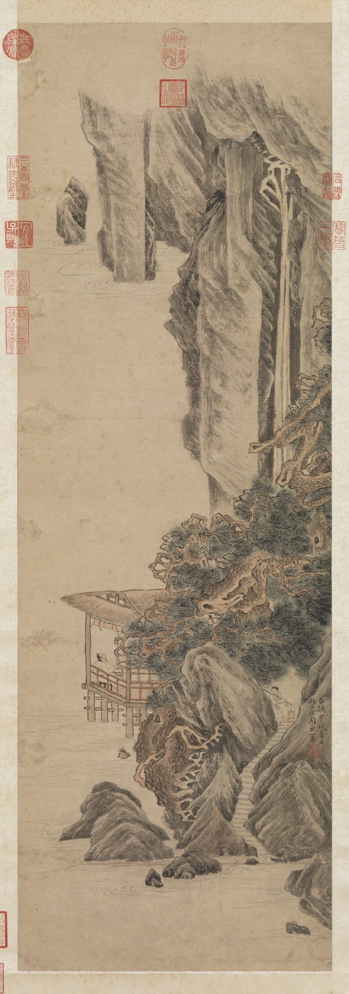 明 周臣《松岩飞瀑图》（立轴）