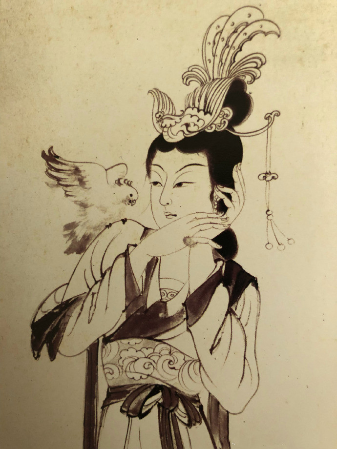 张大千《杨妃戏鹦鹉》（局部）
