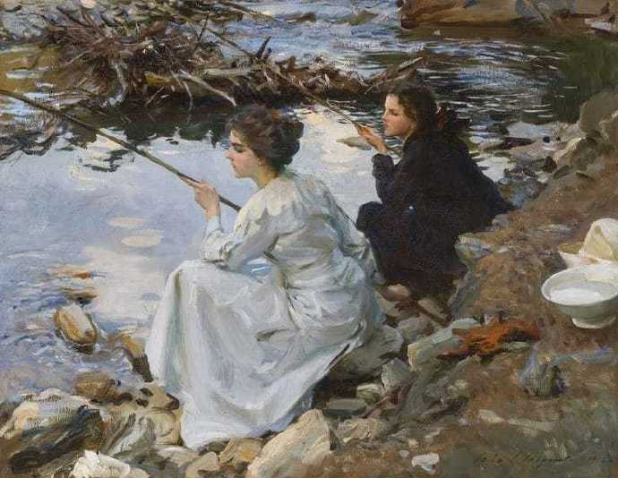 John Singer Sargent《Two Girls Fishing》（两
