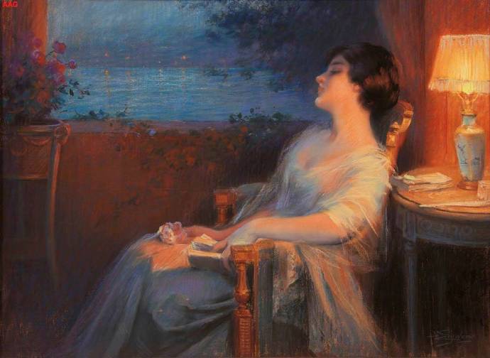 19世纪画家Delphin Enjolras《夜灯》