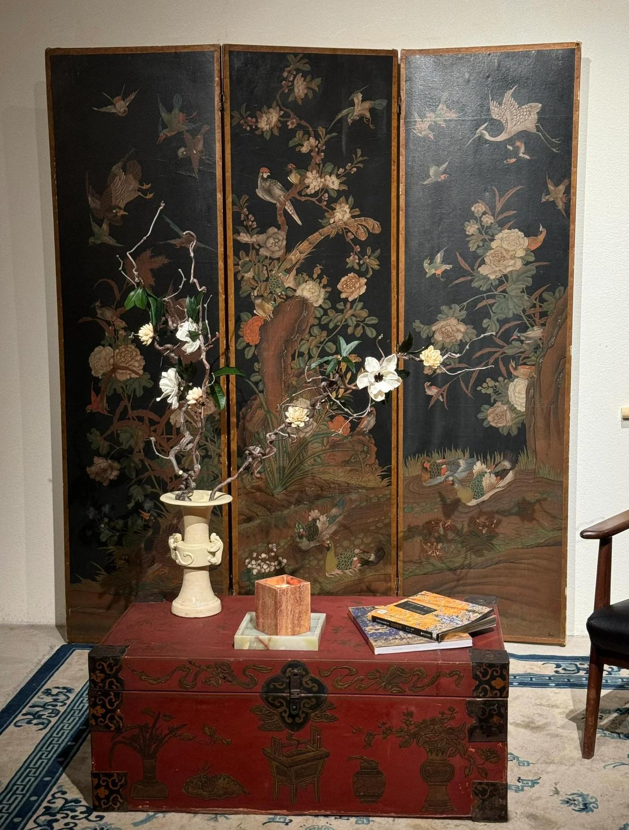 清代屏风百鸟花卉图案