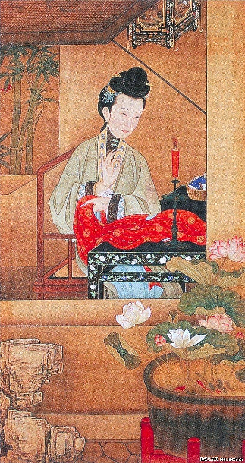雍亲王题书堂深居图 烛下缝衣