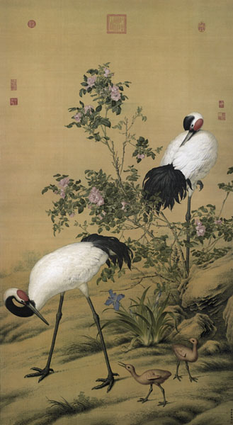 郎世宁《花阴双鹤图》