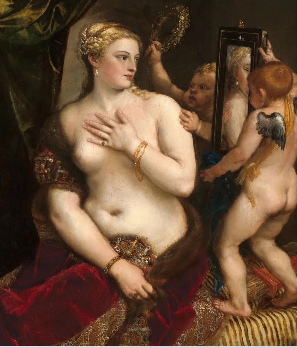 提香（Titian）油画作品《镜前的维纳斯与两个小天使》